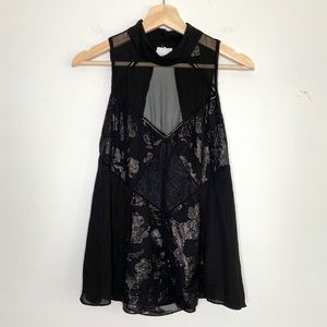 Haute Hippie Silk Black Floral Sheer Tank Top